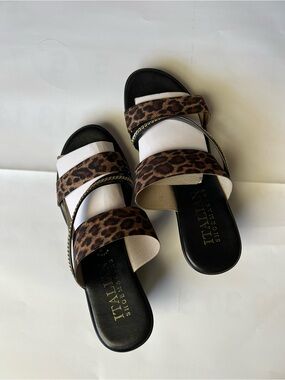Italian Shoemakers Leopard Print Slide Heel Sandals - Black & Brown Size 8